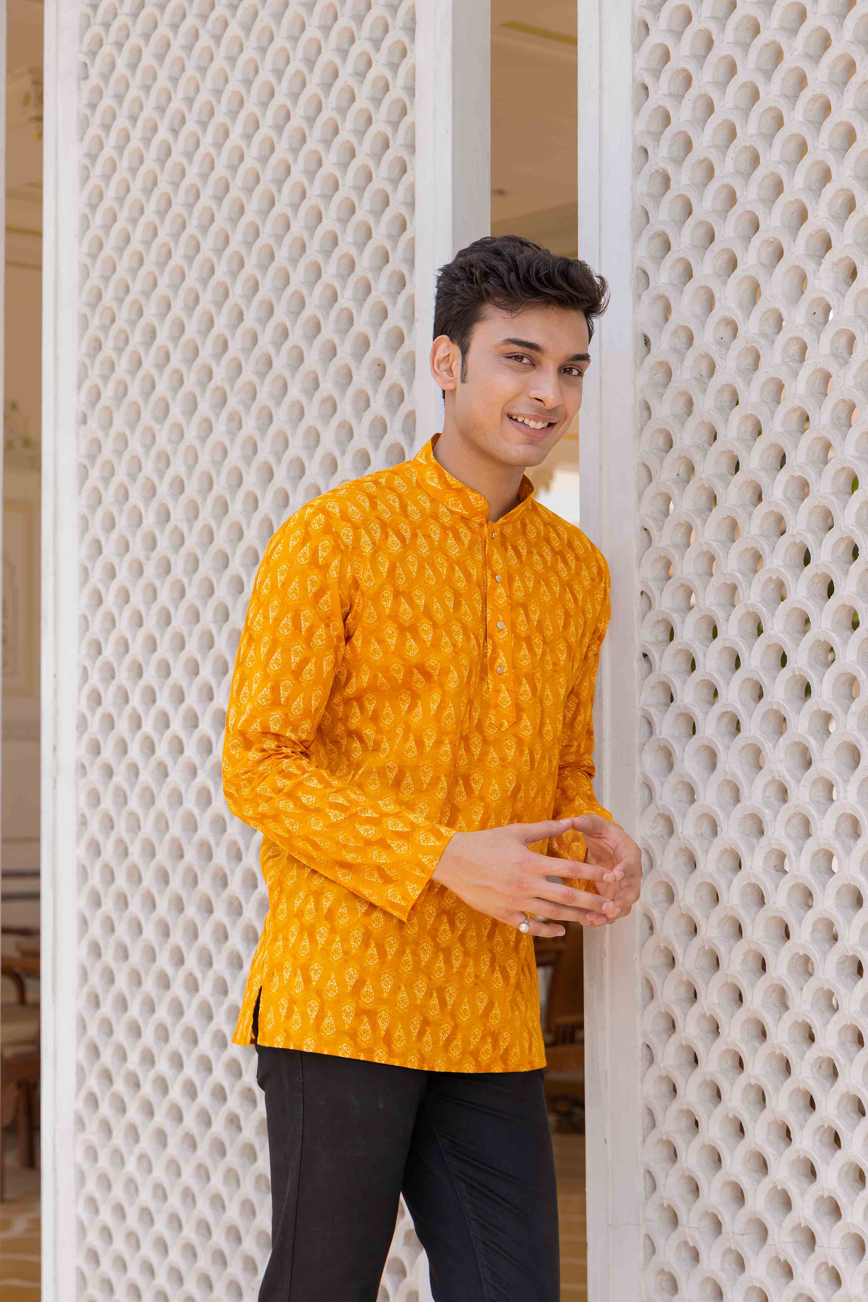 Yellow Motif Printed Cotton Short Kurta